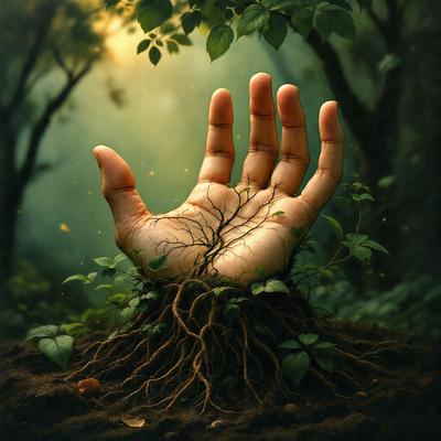 The primary subject of the image is a hand with a plant growing out of it. The hand is placed in a forest setting, surrounded by trees and plants. The visual style of the image is a digital art or illustration, creating a surreal and artistic atmosphere. The colors in the image are predominantly green, representing the growth of the plant and the natural environment.